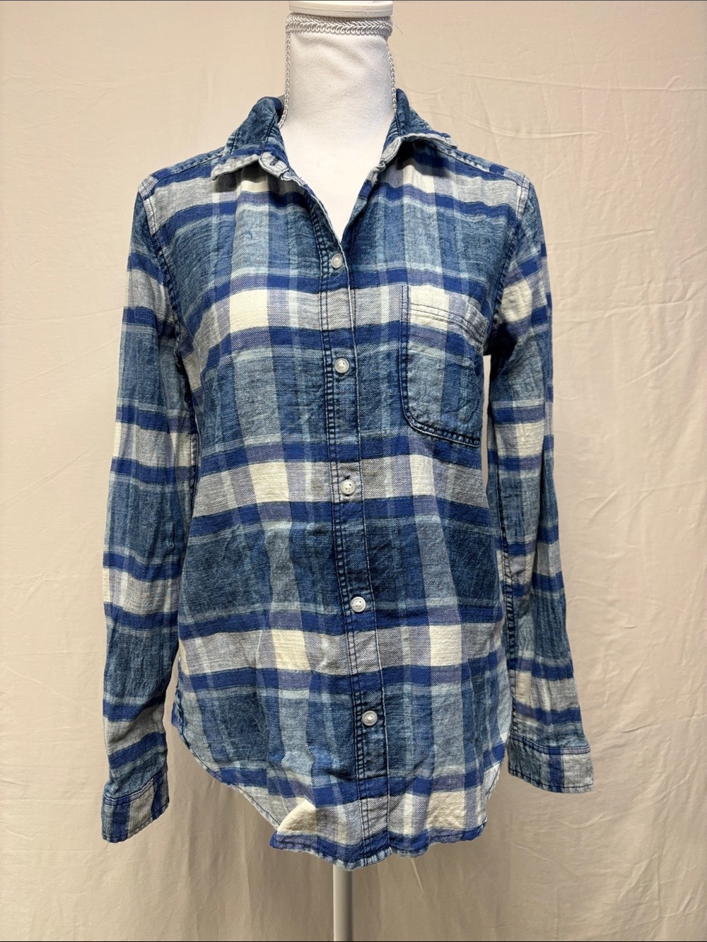 American Eagle Outfitters Blue & White Plaid Button-Down Shirt